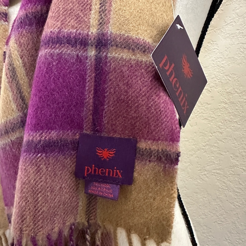 Phenix  Plaid Wool Scarf  Fringe Purple & Tan - Picture 3 of 5